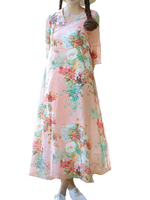 Women Half Sleeve Chinese Style Floral Printing Maxi Dress