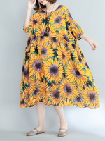 Women Half Sleeve Floral Printed Loose Mid-Long Vintage Dresses