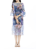 Women Half Sleeve Flower Printing Split Chiffon Maxi Dress With Belt