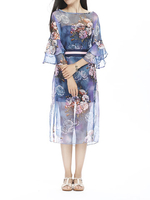 Women Half Sleeve Flower Printing Split Chiffon Maxi Dress With Belt