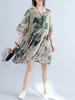 Women Half Sleeve Leaf Printed O-Neck Loose Mini Dresses