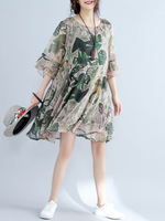 Women Half Sleeve Leaf Printed O-Neck Loose Mini Dresses