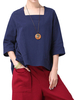 Women Half Sleeve Pocket Square Collar Linen Casual T-Shirt
