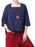 Women Half Sleeve Pocket Square Collar Linen Casual T-Shirt