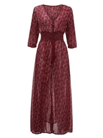 Women Half Sleeve V Neck Elastic Wasit Flower Printed Chiffon Dress