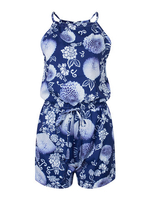 Women Halter Floral Printed Backless Drawstring Romper Jumpsuit
