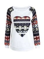 Women Heart Print Stitching Long Sleeve O-neck T-shirt