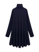 Women High Collar Loose Long Sleeve Knit Ruffles Dress