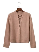 Women Hollow Cross Strap O-neck Long Sleeve Sweater