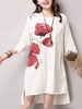 Women Ink Printed Long Sleeve High Low Side Split Loose Vintage Dress