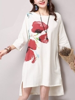 Women Ink Printed Long Sleeve High Low Side Split Loose Vintage Dress