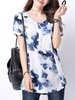 Women Ink Printing Button O-Neck Linen T-Shirt