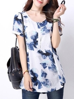 Women Ink Printing Button O-Neck Linen T-Shirt