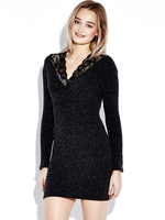 Women Lace Trim Solid Sexy Long Sleeve V-Neck Clubwear Slim Dress