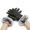Women Lady Black Leather Gloves Autumn Winter Warm Fur Mittens