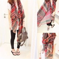 Women Lady Red Vintage Long Soft Cotton Voile Print Scarves Shawl Wrap Scarf