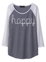 Women Letter Printed Long Sleeve Casual Loose Basic T-shirt