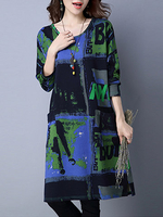 Women Letter Printed Long Sleeve Vintage Loose Dresses