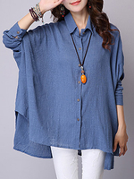 Women Long Batwing Sleeve High Low Pure Color Blouse