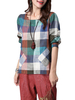 Women Long Sleeve Ethnic Style Plaid Pocket Split T-shirt