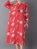 Women Long Sleeve Floral Printed Thicken Pocket Vintage Dresses