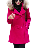 Women Long Sleeve Fur Collar Double Breasted Woolen Hooded Coat