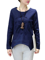Women Long Sleeve Irregular Hem Flower Shirts