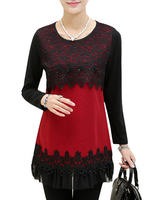 Women Long Sleeve Lace Patchwork Slim Knitted Shirt