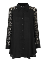 Women Long Sleeve Lapel Button Lace Patchwork Chiffon Blouse