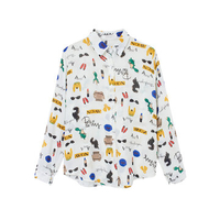 Women Long Sleeve Lapel Graffiti Printed Button Loose Blouse