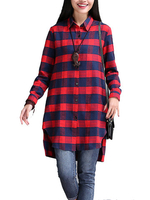 Women Long Sleeve Lapel Plaid Button Irregular Split Blouse