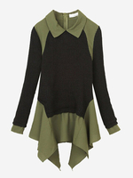Women Long Sleeve Lapel Pleated Hem Patchwork Sweater