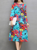 Women Long Sleeve O-Neck Floral Printed Pocket Vintage Dresses