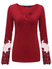Women Long Sleeve O Neck Lace Stitching Button Patchwork T-shirt
