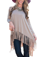 Women Long Sleeve O-Neck Tassels T-Shirt