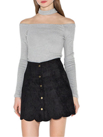 Women Long Sleeve Off Shoulder Halter Solid Color Stretch T-Shirt