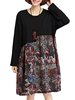 Women Long Sleeve Patchwork Loose Vintage Cotton Dresses