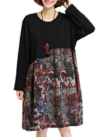 Women Long Sleeve Patchwork Loose Vintage Cotton Dresses