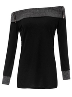 Women Long Sleeve Polo Collar Zipper Splicing Cotton Shirt