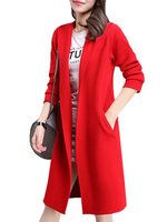 Women Long Sleeve Pure Color Pocket Knit Long Cardigan