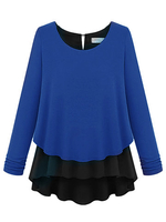 Women Long Sleeve Ruffle Hem Irregular Chiffon Patchwork Tops