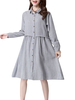 Women Long Sleeve Stripe Single-breasted Loose Dress Vintage Dress