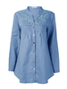 Women Long Sleeve V Neck Button Lace Embroidery Linen Blouse