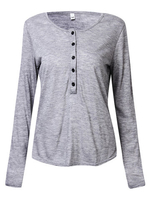 Women Long Sleeve V Neck Button Pure Color T-shirt
