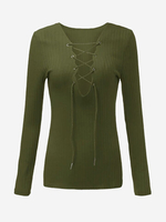 Women Long Sleeve V Neck Lace Up Knitted Sweaters