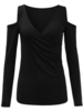 Women Long Sleeve V Neck Off Shoulder Ruffle T-shirt
