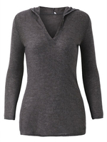 Women Long Sleeve V Neck Pure Color Hooded Knit Shirts
