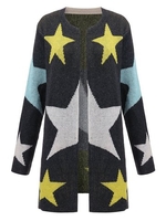 Women Long Sleeve V Neck Stars Pattern Printed Knitted Cardigan