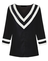 Women Long Sleeve V Neck Stripe Patchwork Pullover Blouse