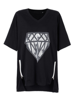 Women Loose Diamond Printed V-Neck Short Sleeve Irregular T-Shirt